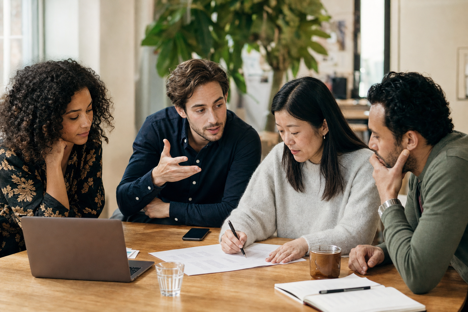 Vier collega’s bespreken samen een papieren concepttekst aan een houten tafel in een lichte werkruimte