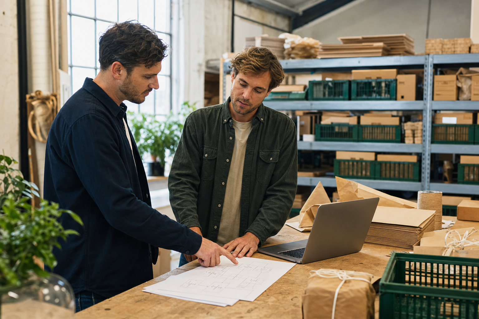 Twee ondernemers bespreken in een kleine werkplaats een procesblad naast een laptop en verpakte bestellingen